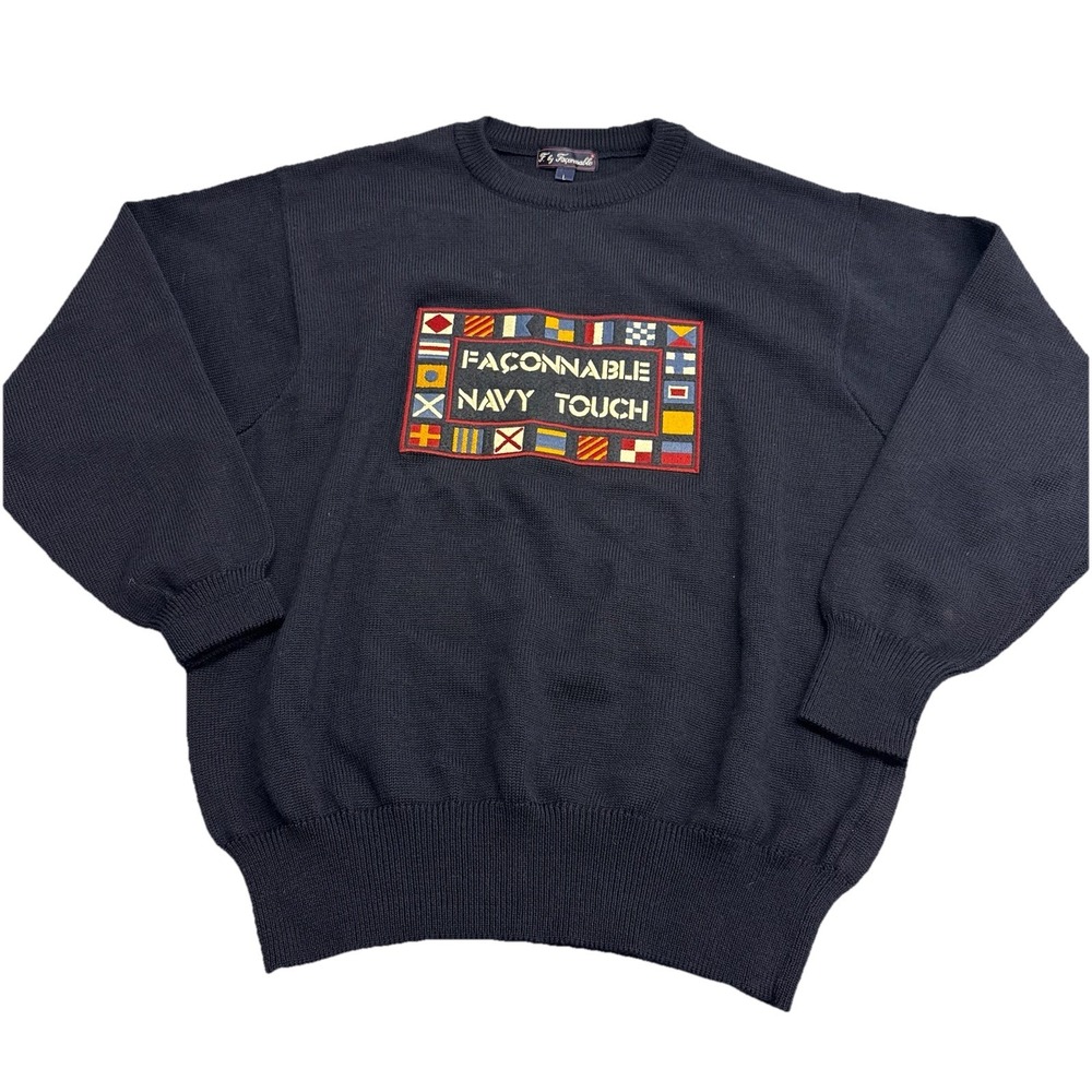 Vintage Faconnable Navy Touch Sweater Unisex Large Nautical Flag Design Coastal